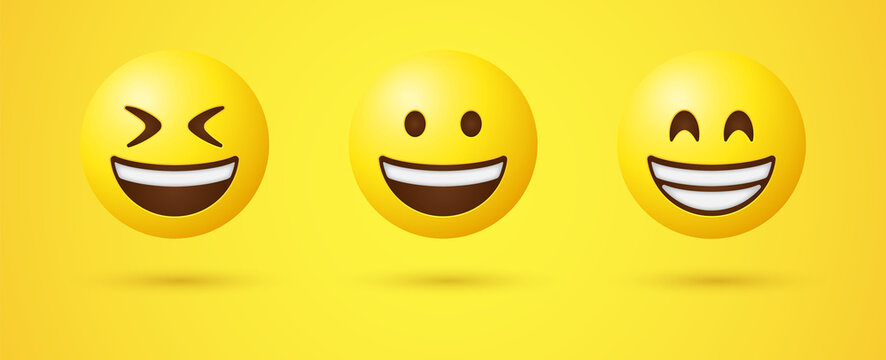 Naklejki 3d Beaming Grinning emoji Face with Smiling Eyes, Smiling Face with Open Mouth and Smiley Eyes emoticon, Grinning Face character, Happy Face emotion, Smiley Face showing teeth  