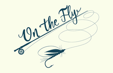 On the fly! Fly fishing label, vector