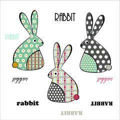 Stylized rabbits in a minimalist style with a pattern in the form of geometric shapes, Scottish stripes and polka dots