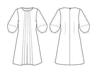 Fashion technical drawing of dress with pleats. Vector dress template.