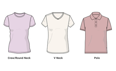 Women short sleeve t shirt round neck, crew neck, v neck, polo vector illustration.  Set of clothing t shirts, front view.