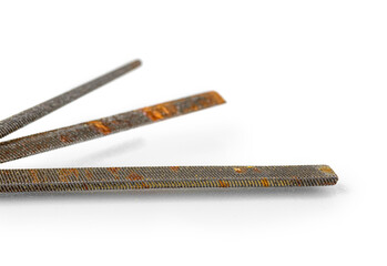 Different old rasp tool and equipment isolated on a white background