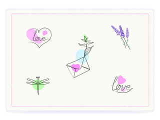 set of lineart illustrations of heart, envelope, lavender and dragonfly with colored spots 