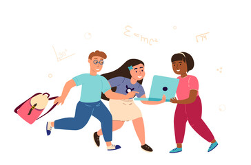 Teenagers Girls,Boy pupils with Laptop Computer prepare for exams at university or school.Preschoolers do homework online.Students are on online Lesson.Flat vector cartoon illustration isolated ,white