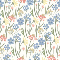 Herbal  seamless pattern with wild or meadow flowers  on light yellow background. Summer floral print. Great textile for throw pillow, phone cases, bed linens, wallpaper.