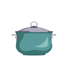 Icon of a green saucepan with a lid. Kitchen utensils for cooking lunch, soup