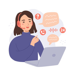 Customer support service vector illustration with young brunette woman in headset. Hotline concept. Workplace with laptop and bubble speech. Cartoon flat style. Clients assistance and customer care