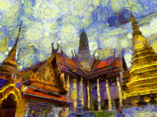 The grand palace, wat phra kaew bangkok thailand Illustrations creates an impressionist style of painting.