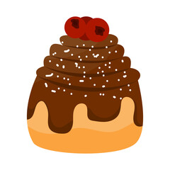 Cinnamon bun with with chocolate and berries. Baked sweet roll doodle icon. Fresh Swedish kanelbulle swirl pastry. Vector cartoon illustration