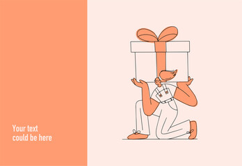 Website banner or presentation slide. A cartoon character sits holding a huge gift on his shoulders. Linear illustration of a funny girl giving a gift. One color is pink. Place for text