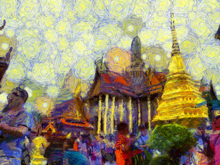 The grand palace, wat phra kaew bangkok thailand Illustrations creates an impressionist style of painting.