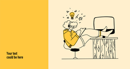 Website banner or presentation slide. A cartoon character sits at a computer table. The boy is listening to music and writing something in a blank pad. He threw his legs on the table. Thinks and works