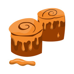 Two little cinnabons with caramel topping. Baked sweet rolls. Fresh Swedish kanelbulle swirl pastry.