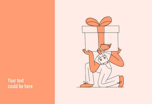 Website Banner Or Presentation Slide. A Cartoon Character Sits Holding A Huge Gift On His Shoulders. Linear Illustration Of A Funny Girl Giving A Gift. One Color Is Pink. Place For Text