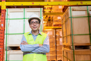 Working at warehouse. Portrait Manager asian man in safety with white hardhat standing with crossed arms to look at the camera.Male asia engineer at large Warehouse  works with goods