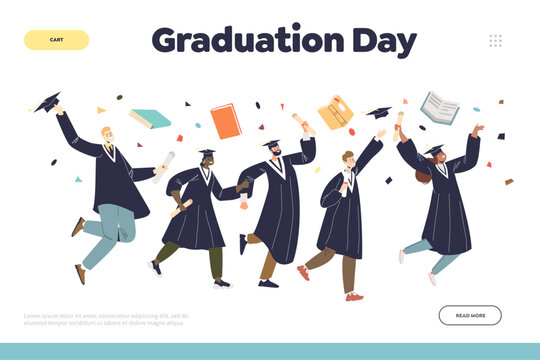Graduation day concept of landing page with group of students graduates in gown jumping