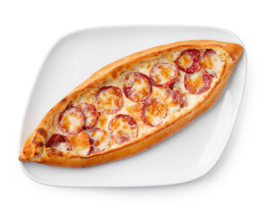 Turkish boat-shaped flatbread pide isolated on white