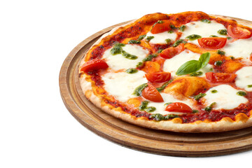 Fresh pizza on wooden board isolated on white