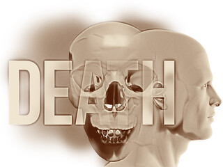A side human figure surrounded their negative thoughts of death and dying. This spectre is represented by the overlapping large Human Skull. Overlaid is the word “DEATH” in large semi-transparent text