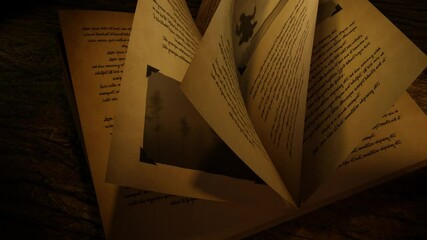 Once upon a time story book. Old looking book page flipping. Vintage story book turning pages. Glowing magical text, black and white images and text on pages. 3D rendering motion animation.