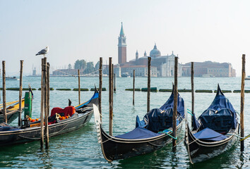 View of gondolas on a canal in Venice, Italy