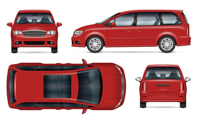 Red minivan vector mockup on white background for vehicle branding, corporate identity. View from side, front, back, top. All elements in the groups on separate layers for easy editing and recolor - obrazy, fototapety, plakaty