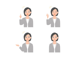 Business woman set with professional young female employee or teacher in different gestures and pose.  Isolated on white background. Colorful vector illustration in flat style