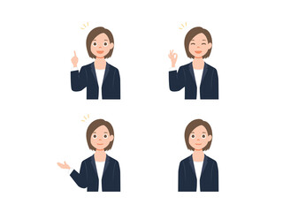 Business woman set with professional young female employee or teacher in different gestures and pose.  Isolated on white background. Colorful vector illustration in flat style