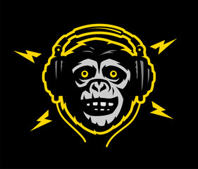 Head of a monkey with headphoneson a light and dark background. Vector illustration.
