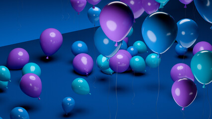 Batch Of Blank Violet and Blue Balloons on Blue Background. Empty Space. Copy Space. 3d rendering