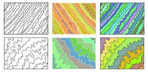 A collection of black and white, colored wavy abstract backgrounds and textures for design and coloring.Wavy fragments of different shapes and colors are located at an angle. Vector, eps10.