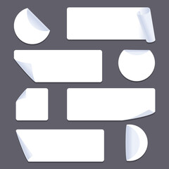 Set of vector white paper stickers of different shapes with curled corners isolated on white background. Round, ribbons, square, rectangular shapes.
