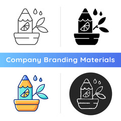 Branded growing pencil icon. Eco designed office accessories. Modern styled equipment. Spreading plants around planet. Linear black and RGB color styles. Isolated vector illustrations