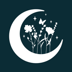 Floral crescent moon with wildflowers butterfly stars. Summer nature clipart. Design element for logos icons. Vector illustration