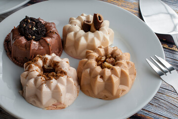 flan dessert macro photography on a white plate