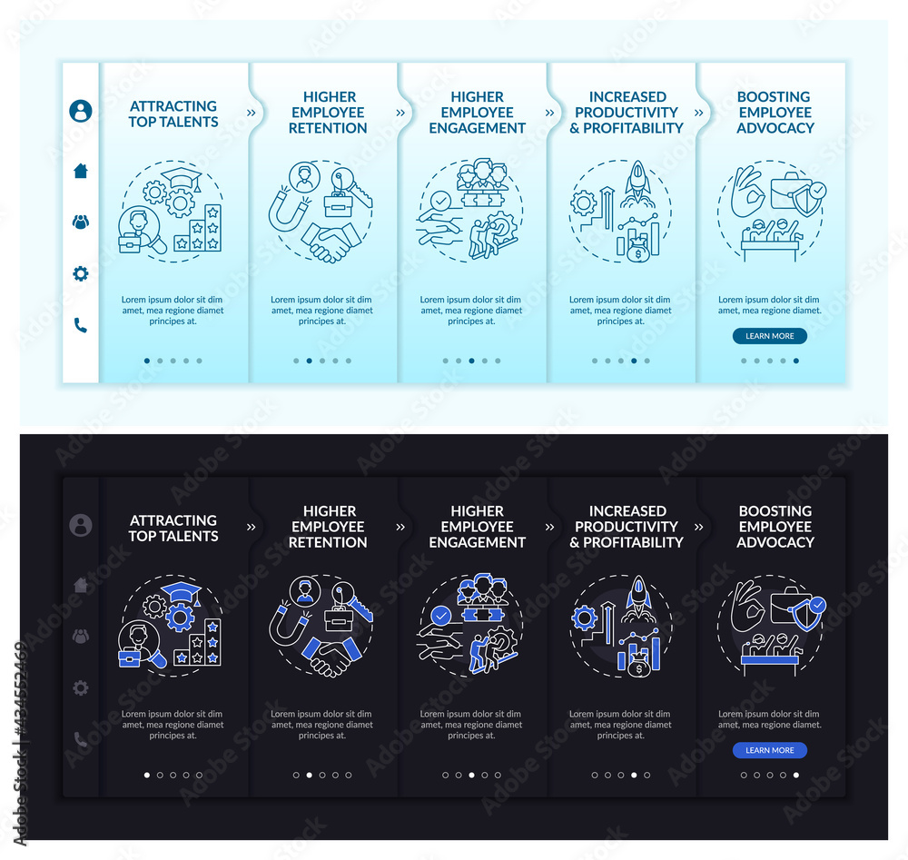 Poster corporate ethos benefits onboarding vector template. responsive mobile website with icons. web page 