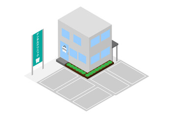 アイソメトリックな駐車場のある歯医者の建物
