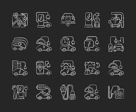 Electric vehicle charging chalk white icons set on black background. Portable charging station for elctromobile. Ecological way of traveling. Eco cars. Isolated vector chalkboard illustrations