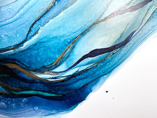 Abstract blue with green background. Beautiful pleats and stains made with alcohol ink and gold...