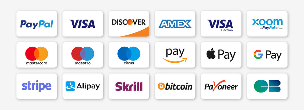 Online payment methods icons set, logo company badges : Paypal, Visa, Skrill, Stripe, Alipay, Apple Pay, Google, Amazon Pay, Amex, Bitcoin, Discover… Isolated E-commerce payment buttons. Vector design
