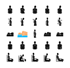 Back and posture problems black glyph icons set on white space. Spinal abnormalities. Maintaining natural alignment. Sitting, sleeping position. Silhouette symbols. Vector isolated illustration - obrazy, fototapety, plakaty