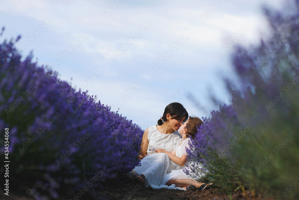 Sticker smiling mother and daughter in lavender