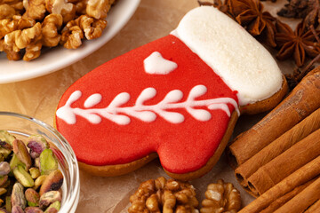Gingerbread cookie on parchment paper close up