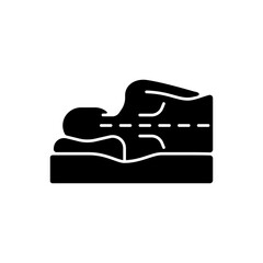 Correct sleeping position for spinal health black glyph icon. Keeping spine straight. Side-lying posture. Improving spine alignment. Silhouette symbol on white space. Vector isolated illustration