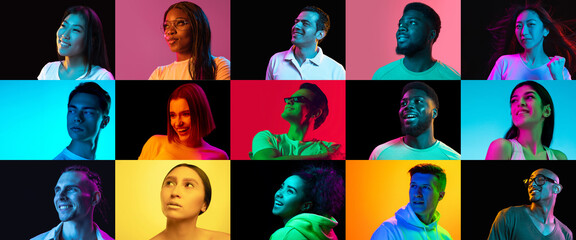 Portraits of group of people on multicolored background in neon light, collage.