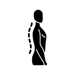 Standing posture correction black glyph icon. Improving upright position. Spine natural curvature. Shoulders parallel with hips. Silhouette symbol on white space. Vector isolated illustration