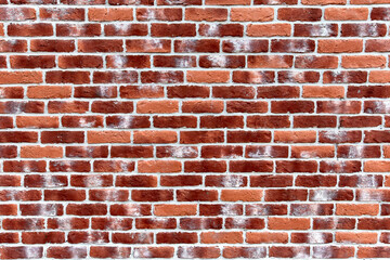 Fototapeta premium Wall texture of bright red brick with decorative white spots, straight view