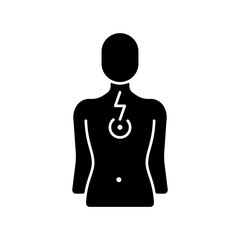 Chest pain black glyph icon. Affecting lungs and heart. Poor posture consequence. Problems in breathing patterns. Muscle tightness. Silhouette symbol on white space. Vector isolated illustration