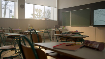 Classroom at school campus. Wooden desks and chairs in private school auditorium