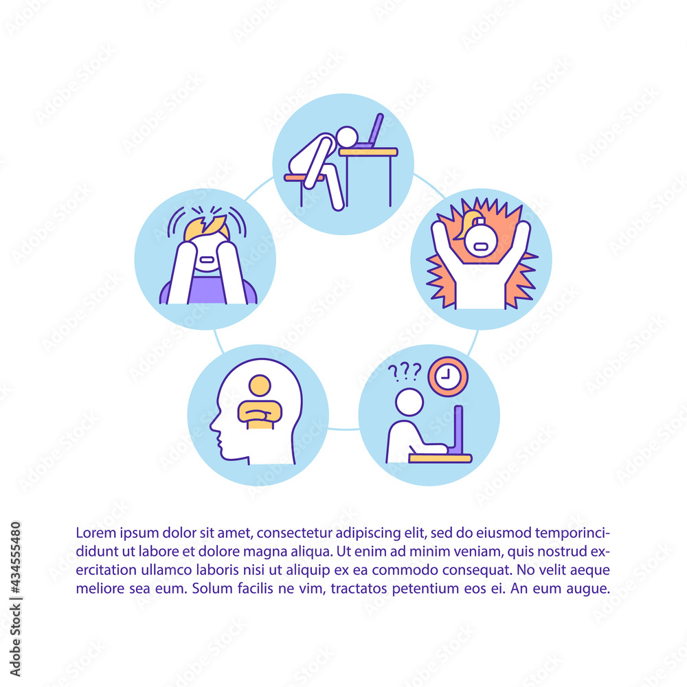 Poster burnout symptom concept line icons with text. ppt page vector template with copy space. brochure, ma